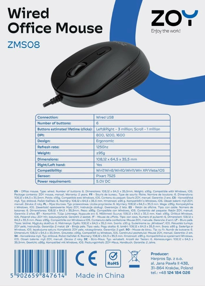 Maus ZOY ZMS08 me kabllo USB, 6 butona, DPI e rregullueshme, e zezë