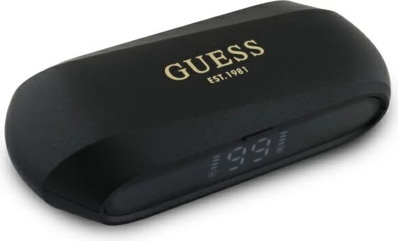 Kufje TWS Guess Elongated Metallic Logo me stacion karikimi, Bluetooth 5.3, të zeza