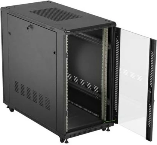 Kabinet rack dysheme 19", Lanberg FF01-6222-12B, 22U, 600x1200 mm, derë xhami, ngarkesë 800 kg, IP20, Flat Pack, e zezë