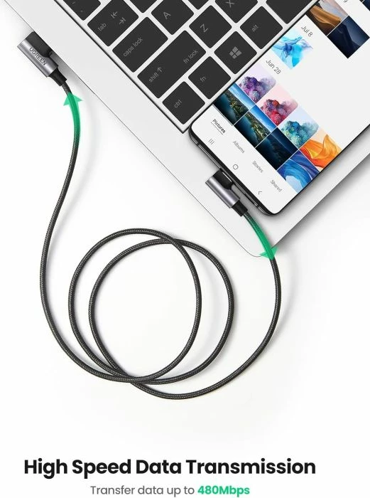 Kabllo USB-A në USB-C UGREEN 20856, 90° right-angle, fast charging 18W, 480Mbps, 1m, e zezë/argjend