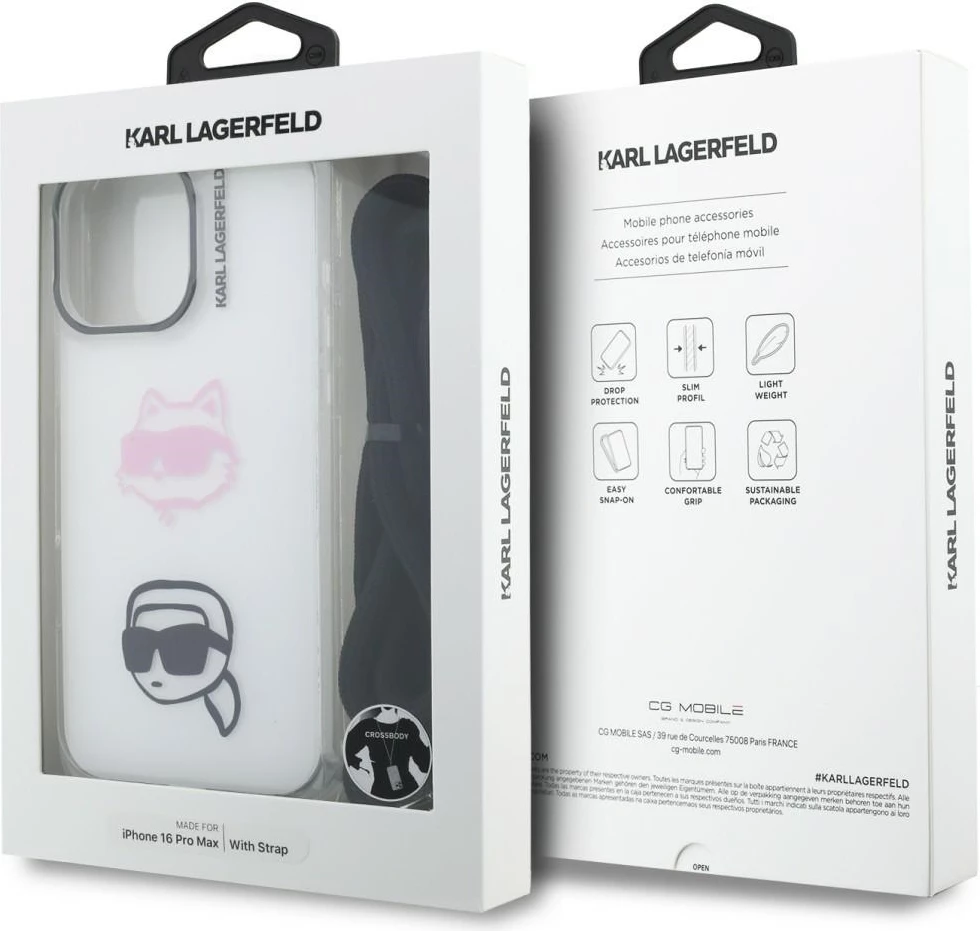 Mbështjellës crossbody Karl Lagerfeld Karl&Choupette Head për iPhone 16 Pro Max, me rrip, i bardhë, në kuti