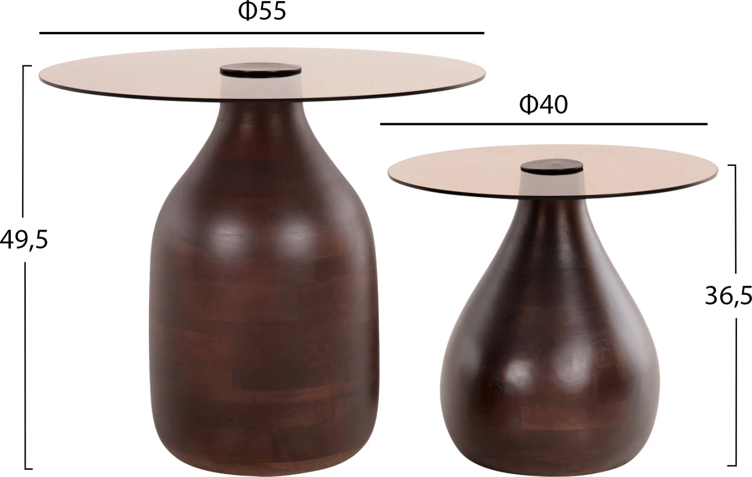 Tavolina anësore 2 copë CHANG FH9668 dru mango ngjyrë kafe, xham sipër Φ55x49,5H & Φ40x36,5H cm