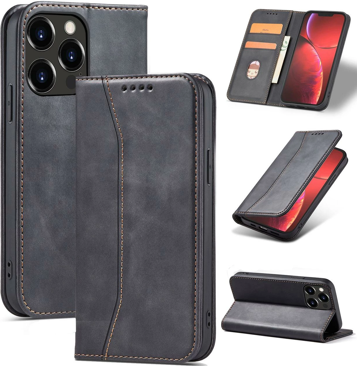 Mbështjellës Hurtel Magnet Fancy Case për iPhone 13 Pro Max, portofol, me mbajtëse, e zezë