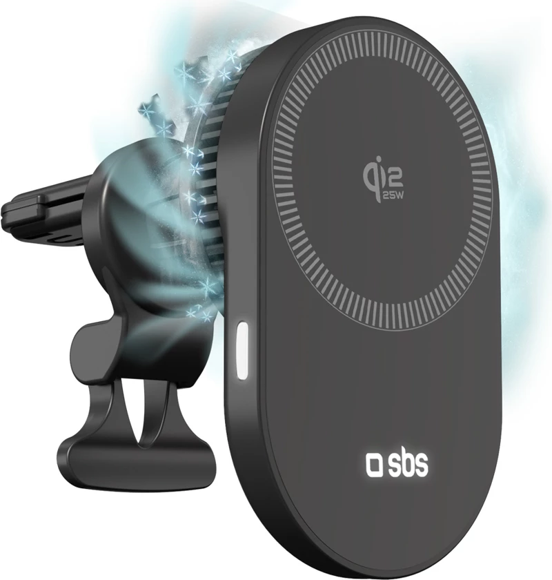 Mbajtës magnetik për veturë me karikues wireless Qi2 25W, SBS, Magnetic Qi2 25W, ftohje aktive, montim te grilat e ajrit, USB‑C, i zi