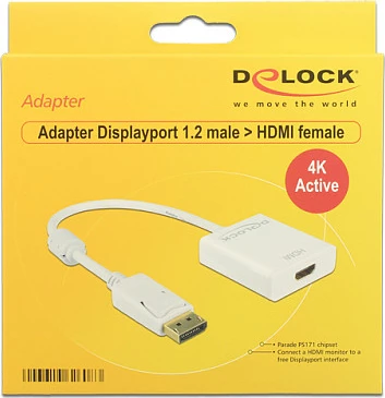 Adapter DisplayPort në HDMI DeLOCK 62608, 0.2 m, 4K, aktiv, i bardhë
