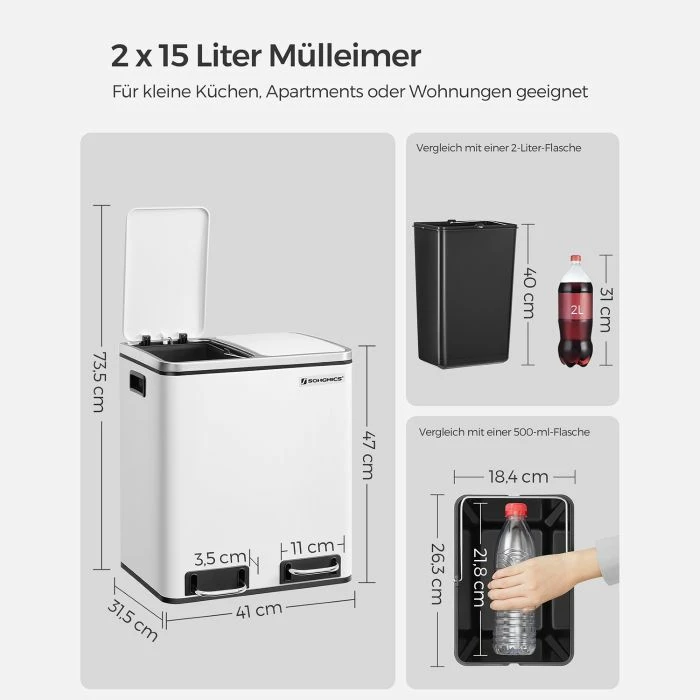 Kosh plehrash kuzhine SONGMICS LTB30WTA, 2 x 15 L, 2 ndarje, me pedal, soft-close, i bardhë