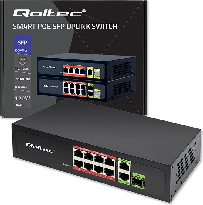 Switch rrjeti Qoltec 52297, 8x RJ45 PoE, 2x RJ45 Uplink, 1x SFP, 120W, 1000Mb/s, i zi