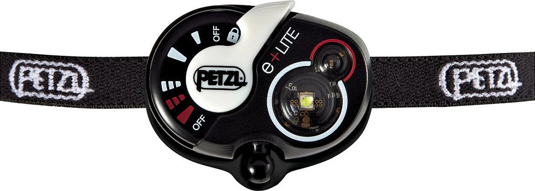 Lampë koke Petzl e+LITE, 50 lm, IPX7, 2x CR2032, dritë e bardhë/kuqe, zi/bardhë