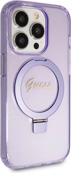 Mbështjellës Guess Ring Stand Script Glitter MagSafe për iPhone 13 Pro Max, vjollcë