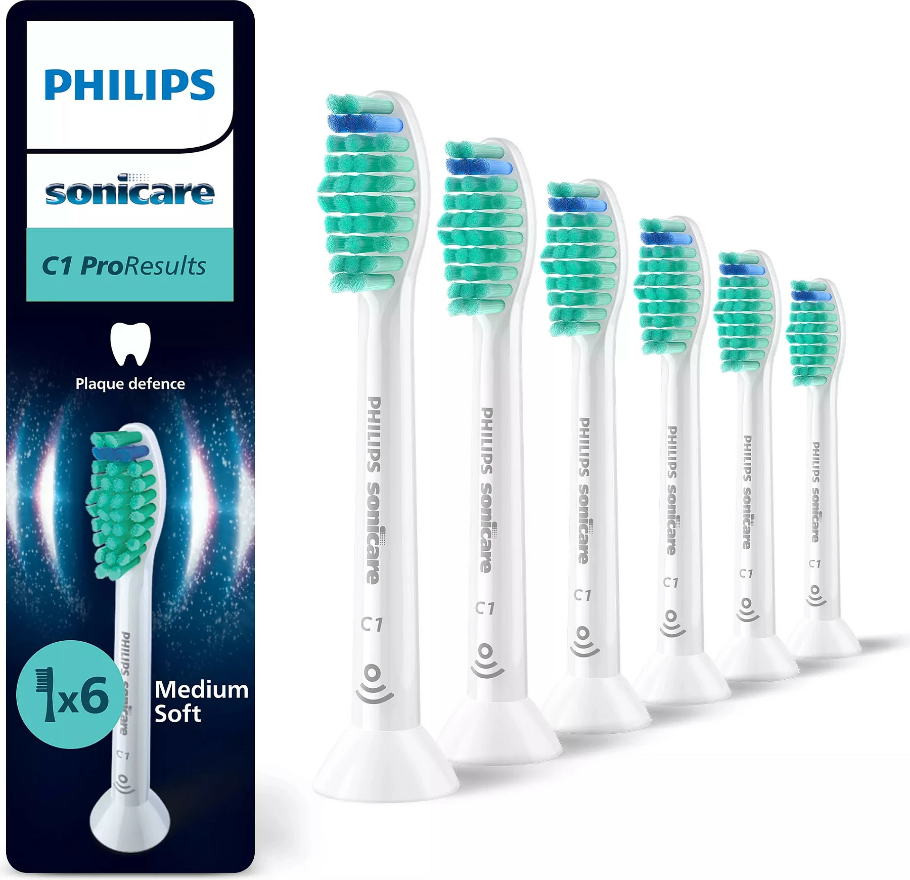 Kokë furçe Philips Sonicare C1 ProResults HX6016/87, 6 copë, Medium Soft, bardhë/jeshile