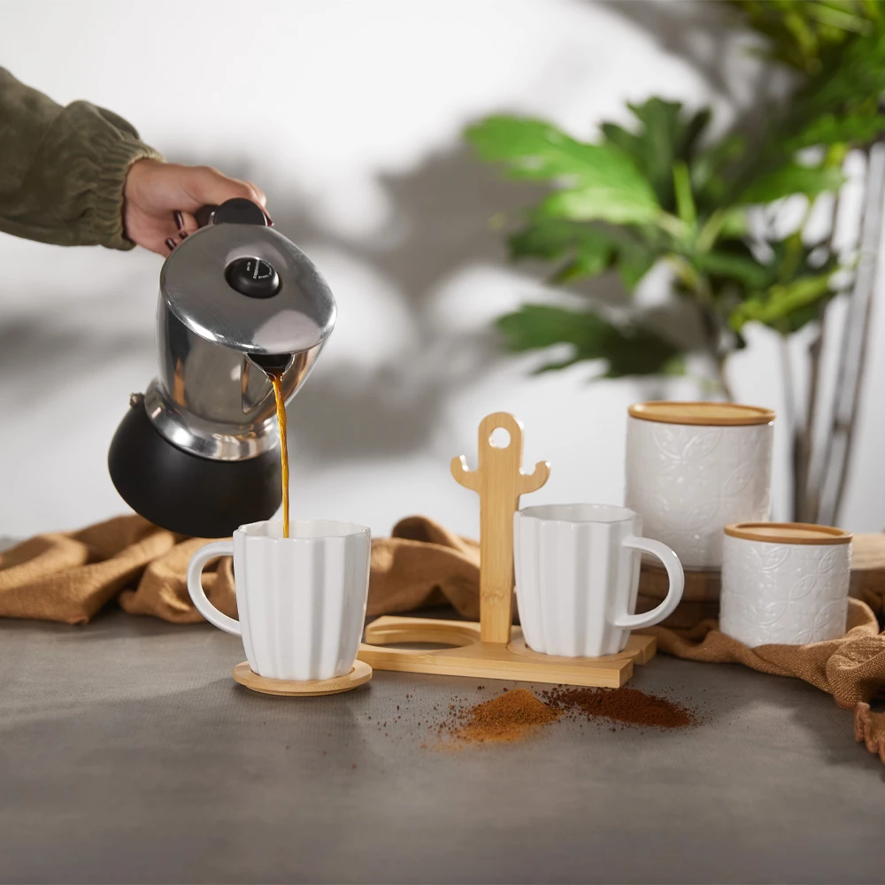 Set filxhanësh espresso Cactus, porcelan i bardhë, bambu natyral, 2 copë, 20x12x17cm