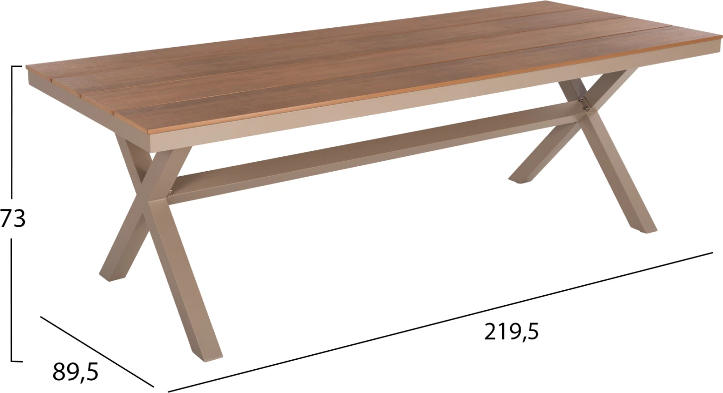 Tavolinë drejtkëndore alumini, TAWNEE, ngjyrë shampanjë, polywood ngjyrë druri natyral, 219.5x89.5x73H cm