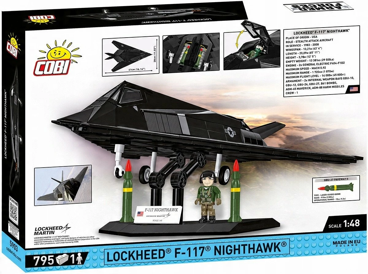 Set blloqesh konstruksioni Cobi Armed Forces Lockheed F-117 Nighthawk 5903, 795 copë, shkalla 1:48, 1 figurë, e zezë
