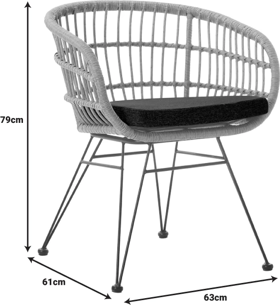 Karrige Naoki me jastëk pe rattan, ngjyrë natyrale, këmbë metalike të zeza, 63x61x79cm