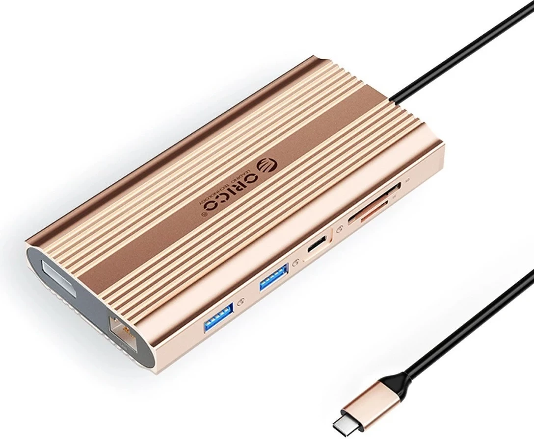 Hub Orico USB-C 12w1 XDR-X33, 100W PD, 2x HDMI 4K, DisplayPort, RJ45, rozë e artë