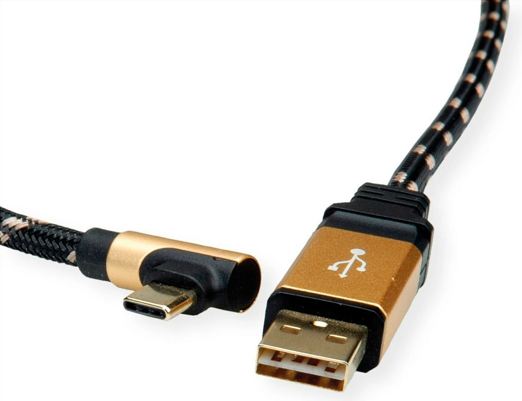 Kabllo USB ROLINE 11.02.9061, USB-A në USB-C, 1.8m, USB 2.0, 480 Mbps, konektor këndor, zezë/ari