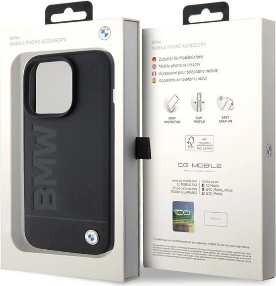 Mbështjellës BMW Leather Hot Stamp për iPhone 15 Pro Max, lëkurë origjinale, i zi