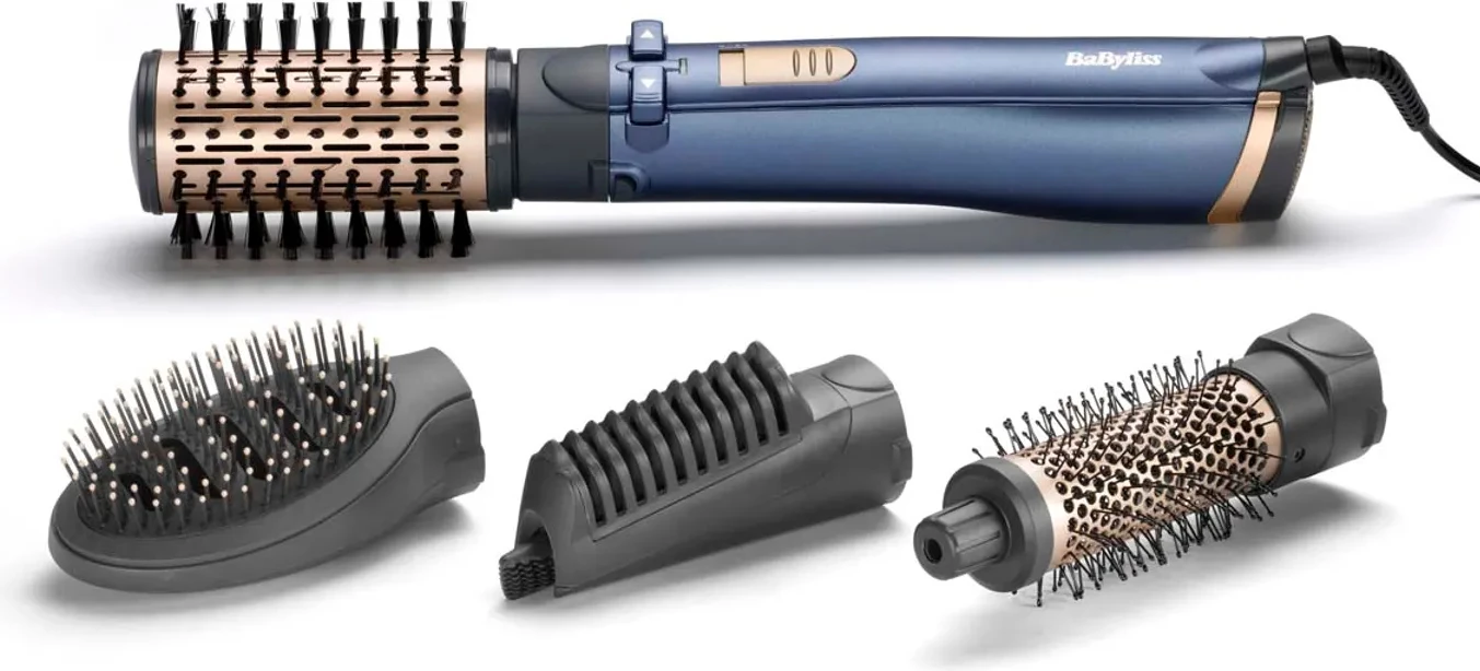 Brushë stiluese për flokë BaByliss AS965E, 1000W, 4 në 1, furçë 38 mm, jonizim, 2 temperatura + ajër i ftohtë, kabllo 2.2 m, blu, set me 4 koka