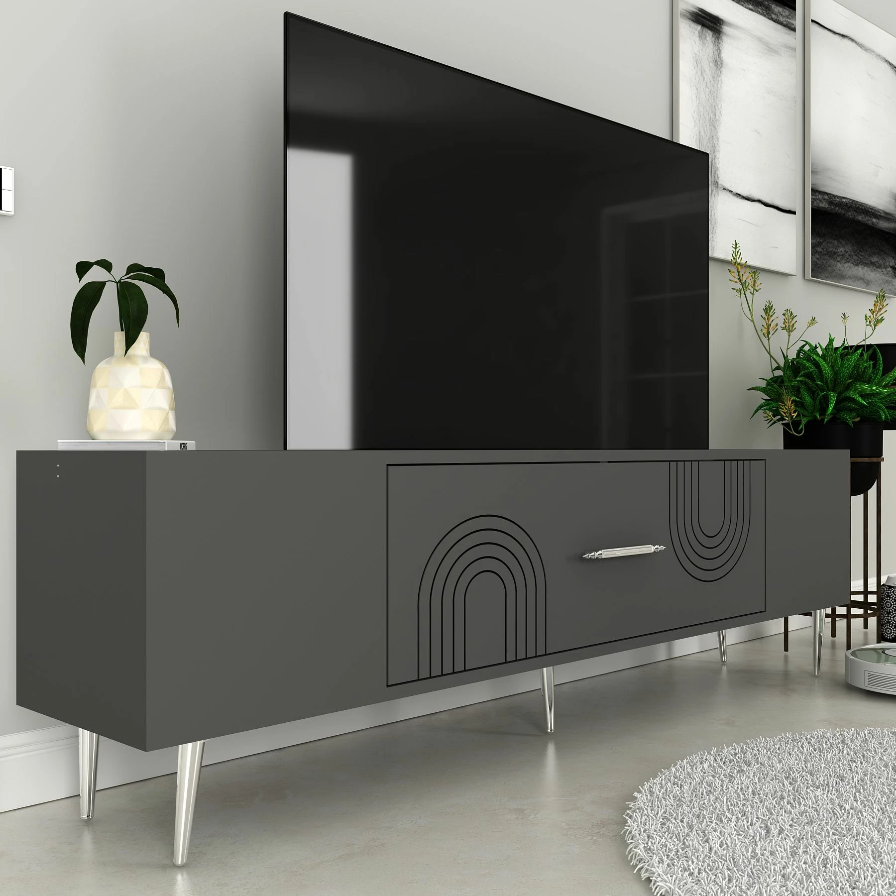 Komodë për TV, Skye Decor, Dekol2, antracit, argjend