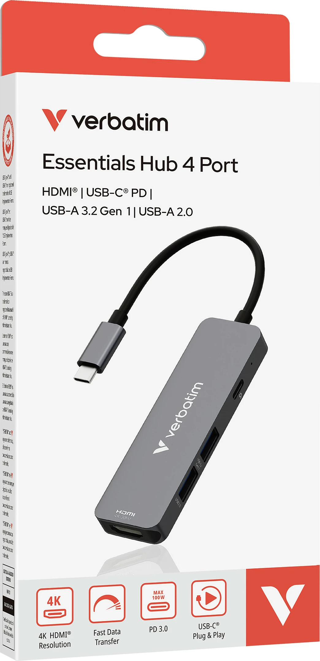 USB-C HUB Verbatim Essentials 4-port, HDMI 4K, 2x USB-A 3.2 Gen 1, USB-C PD, gri