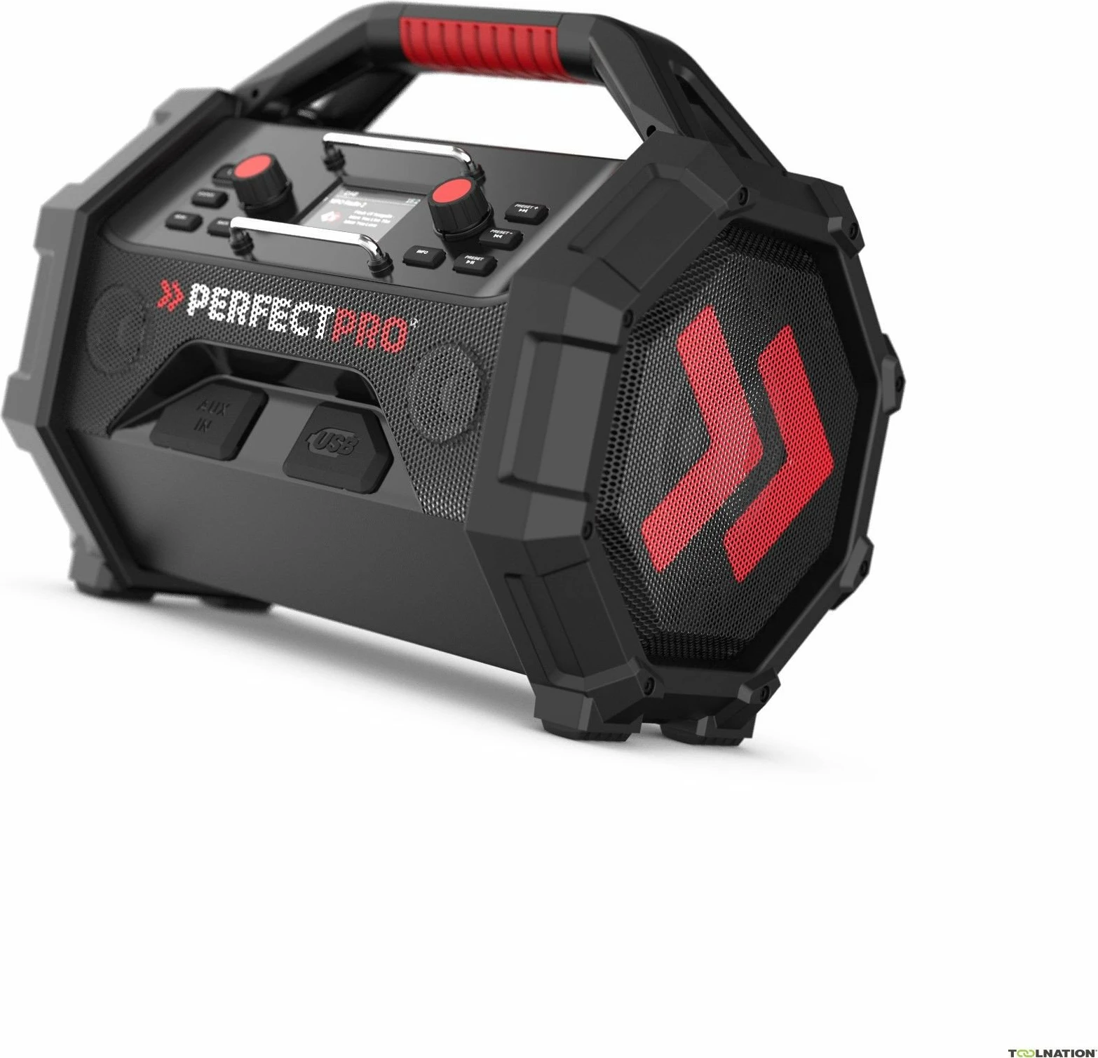 Radio ndërtimi PerfectPro ROCKTAGON 18V, DAB+/FM, Bluetooth 5.2, IP65, 230V/18V, e zezë/kuqe