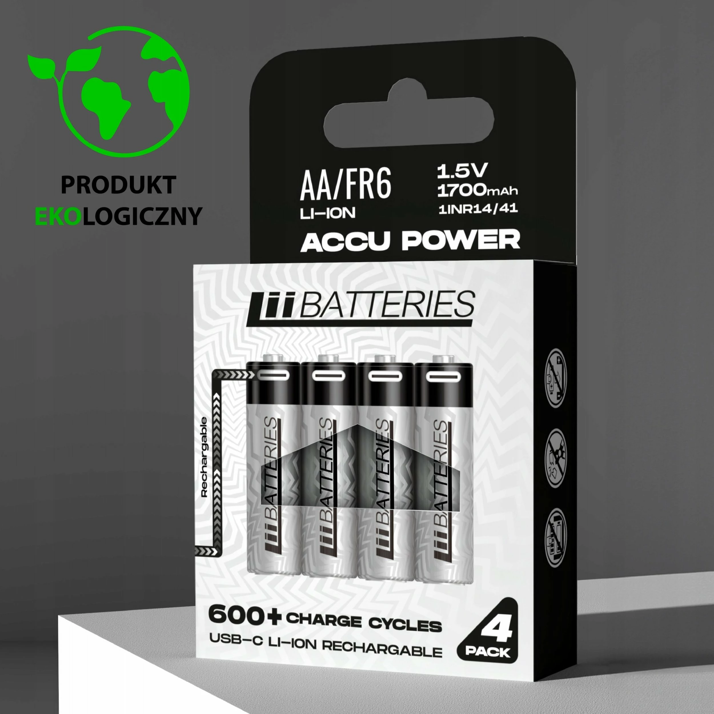 Bateri rikarikueshme Li-Ion AA/R6 LiiBatteries LIB667097 1.5V 1700mAh USB-C 4 copë