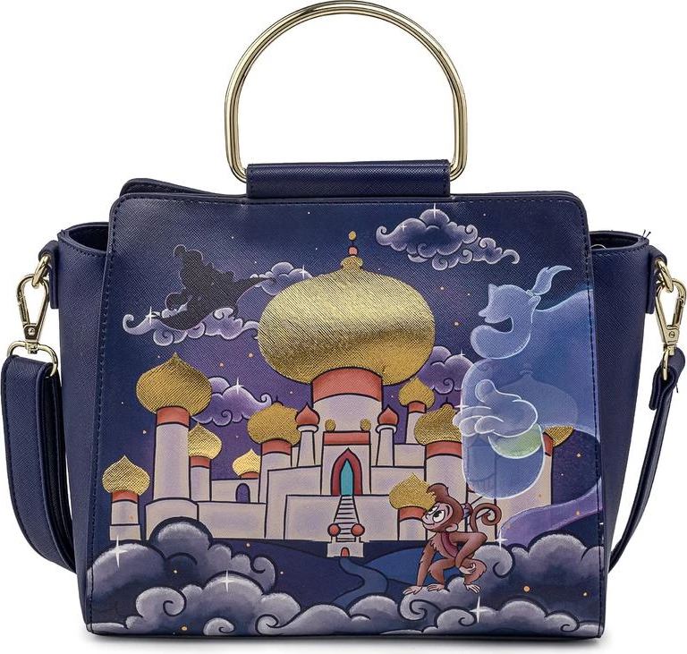 Çantë crossbody Loungefly Disney Jasmine Castle, lëkurë vegane PU, rrip i rregullueshëm i heqshëm, 24.8x21.5x10.8 cm, blu e errët