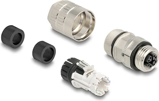 Konektor industrial DeLOCK 86056, M12 femër i drejtë, IP67, AWG 22-26, PoE++, i zi/inoks