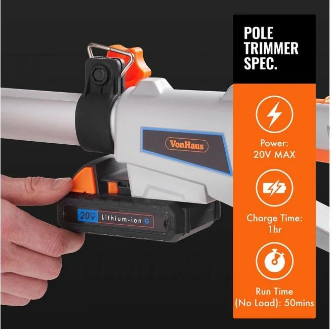 Trimer gardhi me bateri VONHAUS G-Series 2515200, 20V MAX, teh 45 cm, shtyllë teleskopike 2.44 m, set me bateri+karikues+kapak tehu, gri/zi-portokalli