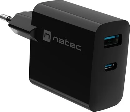 Karikues Natec Ribera GaN 45W me USB-A dhe USB-C në ngjyrë të zezë