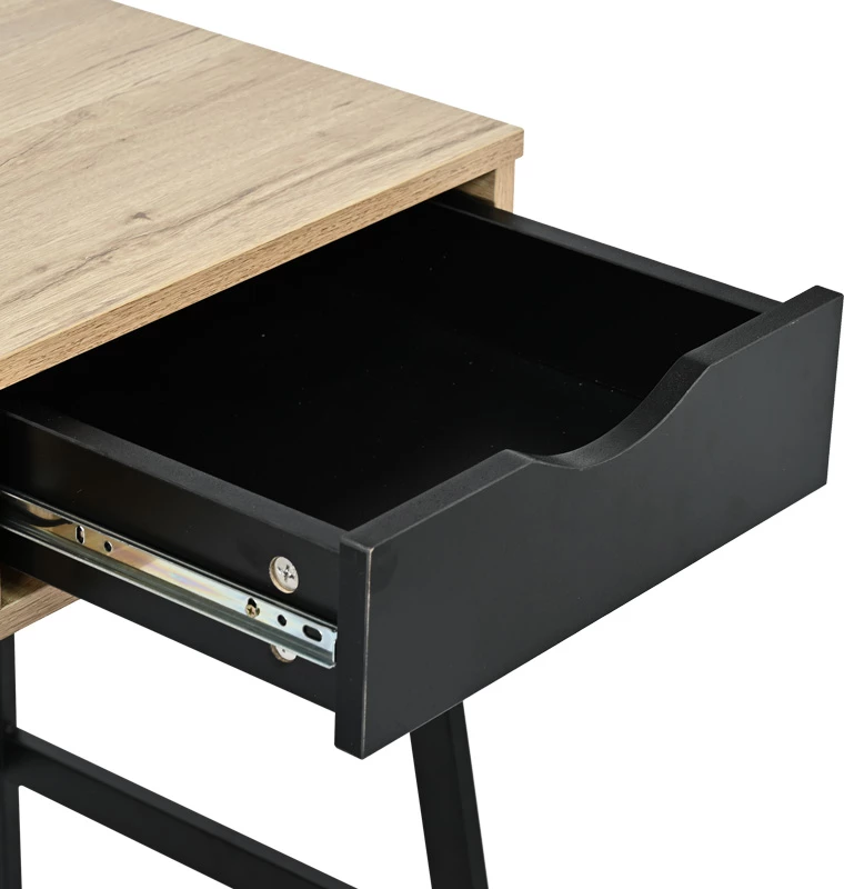 Tavolinë zyre me raft dhe sirtar Rezio, ngjyrë lisi, këmbë metalike të zeza, 75x45x76cm