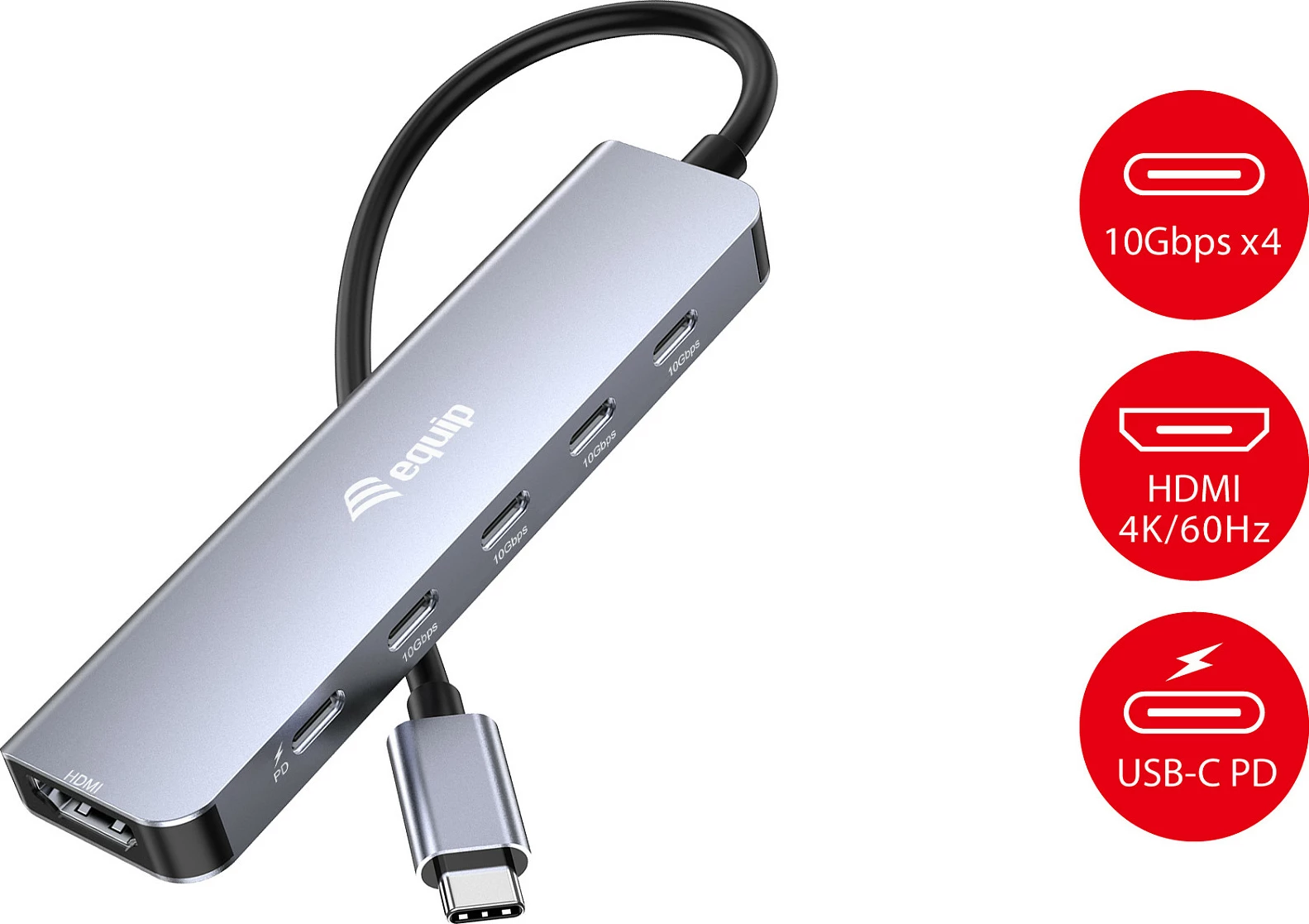 Adapter multifunksional USB-C EQUIP 133499, 6-në-1, HDMI 4K/60Hz, 100W PD, 10Gbps, Gri