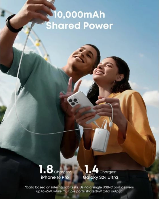 Power bank Anker Nano A1638H21 10000 mAh 45 W me kabllo USB-C t'integrume (tërheqëse), me ekran, i bardhë