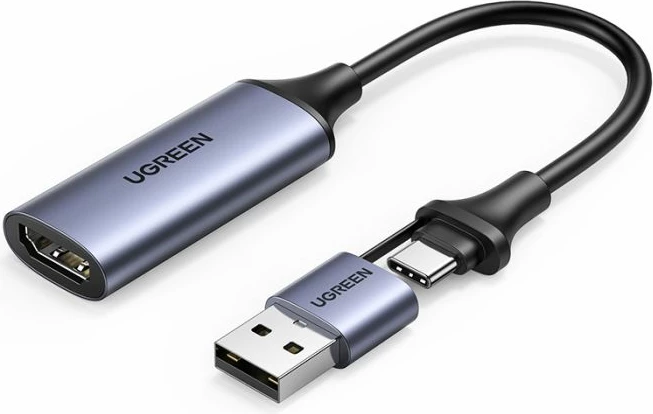 Adapter USB për kapje video HDMI, UGREEN 40189, 4K@60Hz input / 1080p@30Hz capture, USB-C + USB-A, gri, me kuti