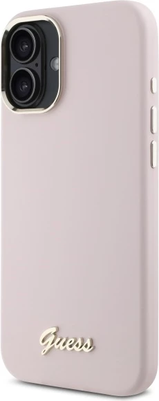 Mbështjellës Guess Silicone Script Metal Logo & Frame për iPhone 16, Rozë