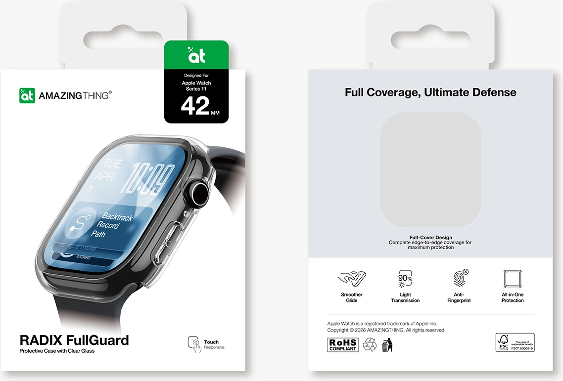Mbrojtës ekrani me mbështjellës AmazingThing Radix FullGuard për Apple Watch Series 11 42mm, xham 9H, transparent
