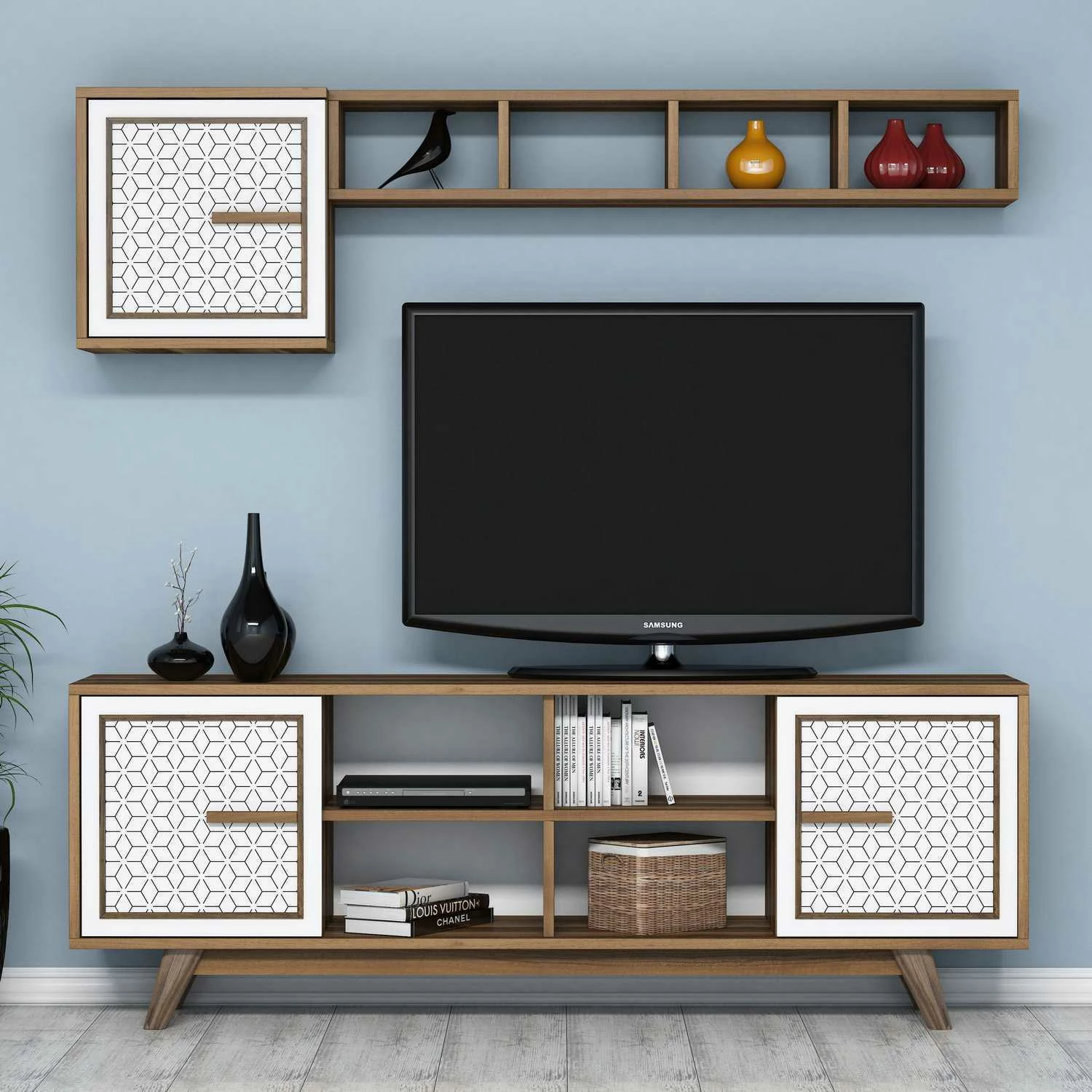 Set komodë TV Hanah Home, Ayla, ngjyrë arre dhe e bardhë