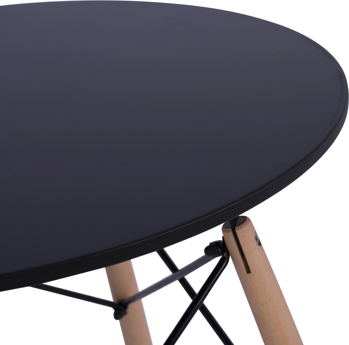 Tavolinë ngrënieje rrethore minimaliste, FH0060.02, sipërfaqe MDF, ngjyrë e zezë, këmbë druri ahu, Φ60x72H cm