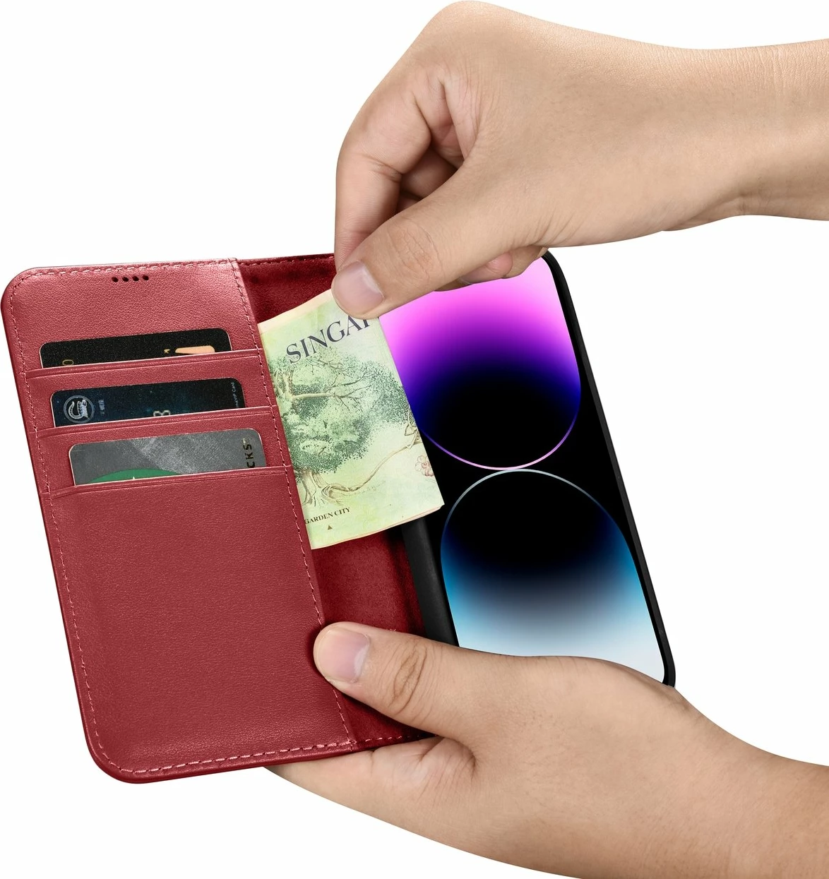 Mbështjellës iCarer Wallet Case 2in1 për iPhone 14 Pro Max, lëkurë, Anti-RFID, e kuqe
