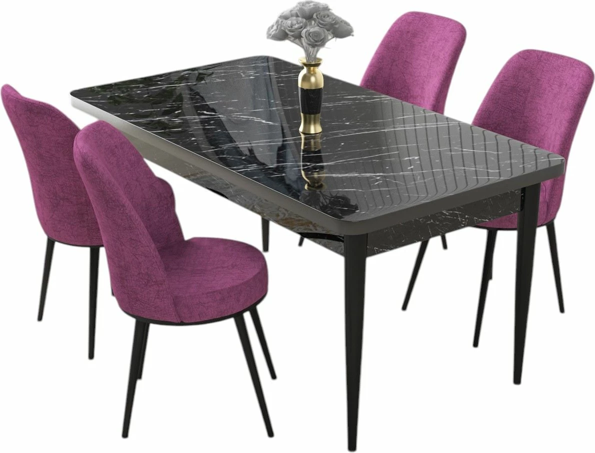 Tavolinë me karrige, 5 copë, Skye Decor, mermer i zi, karrige të purpurta
