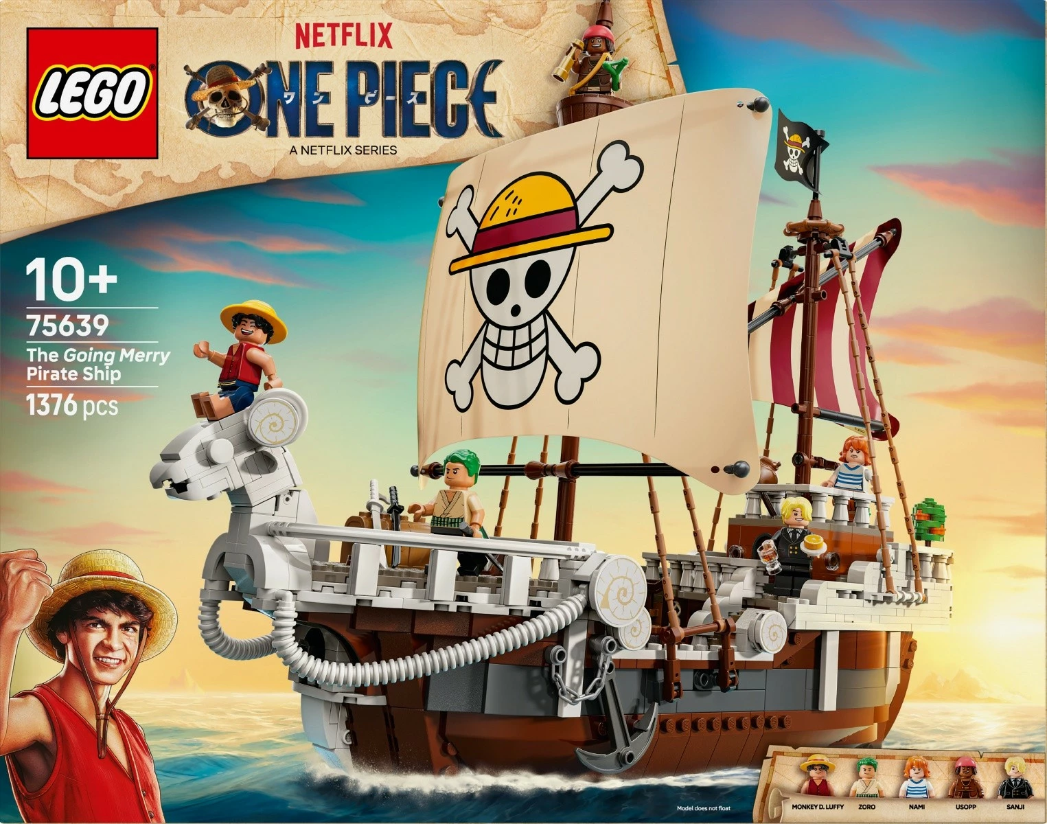 Set ndërtimi, LEGO, 75639 One Piece Going Merry, 1376 pjesë 10+, ekstra i madh, me 5 minifigura