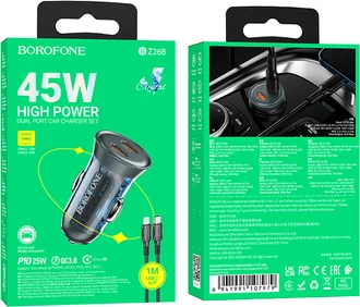 Karikues veture BOROFONE BZ26B PD 45W, 2x USB-C (QC 3.0), me kabllo USB-C në Lightning 1m, i zi
