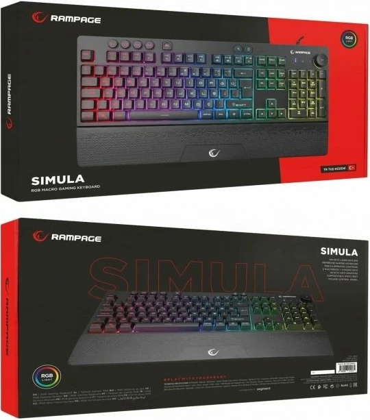 Tastierë gaming Rampage Simula KB-GX65, membranë 100%, RGB 7 moda, USB me kabllo 1.8 m, 4 tasta makro, Anti-Ghosting 26 tasta, layout US, me pushim dore, e zezë, 1 copë