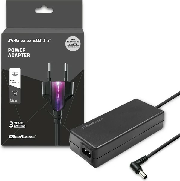 Furnizues energjie Qoltec 51029 për monitor LG/Samsung, 65W, 19V, 3.42A, 6.5x4.4 mm, me kabllo, zi