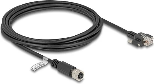 Kabllo Ethernet industriale DeLOCK M12 D-coded 4-pin femër në RJ45 mashkull, Cat5e FTP 3 m, e zezë