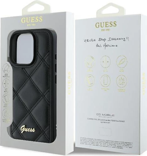 Mbështjellës Guess Quilted Metal për iPhone 16 Pro Max, i zi