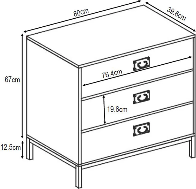 Komodë Rubik me 3 sirtarë, ngjyrë cement e çelët me dizajn, 80x40x80