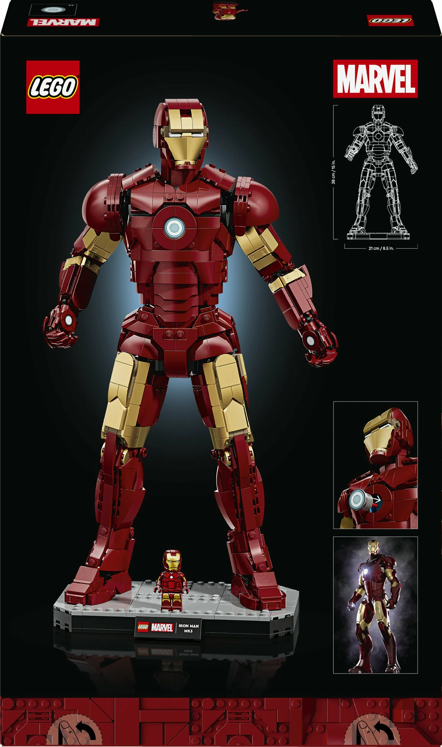 Set ndërtimi LEGO Marvel Iron Man Mark 3 76344, 1297 pjesë, figurë 38 cm, Collector's Edition, me minifigurë