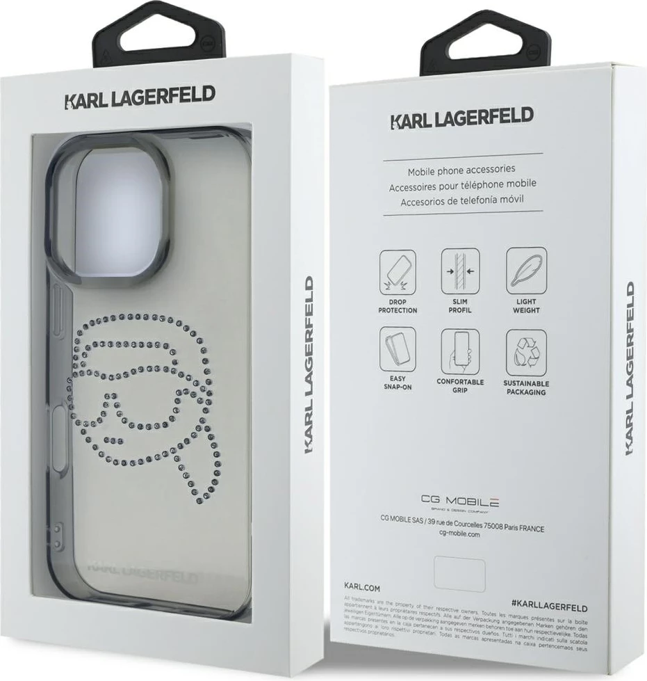 Mbështjellës Karl Lagerfeld IML Rhinestones Karl Head për iPhone 16 Pro, i zi