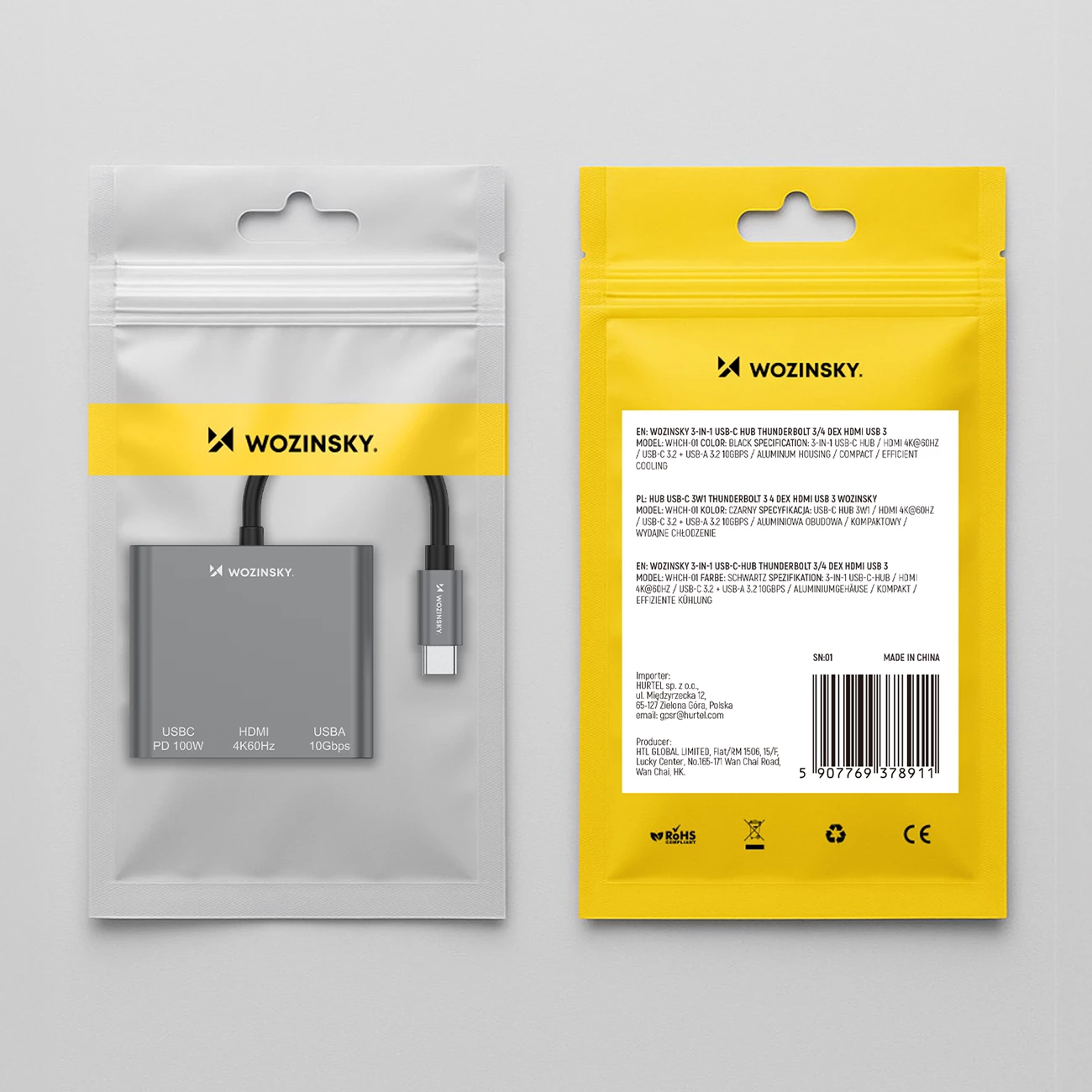 Hub USB-C Wozinsky WHCH-01 PD 100W HDMI 4K@30Hz USB-A 10Gbps, gri